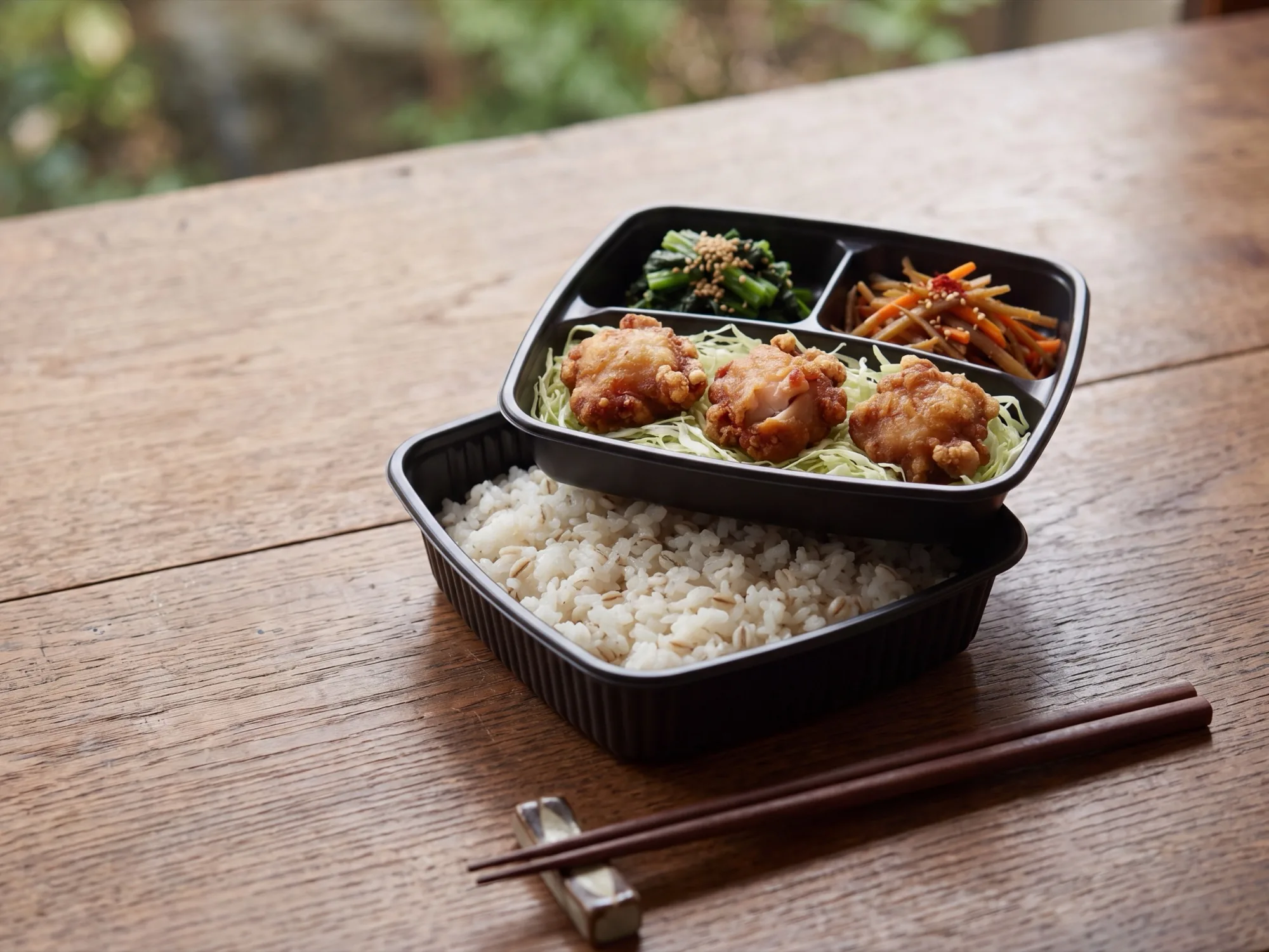 法人向けのお弁当（新しい二段の容器）。ごはんの上に、からあげ・青菜・きんぴらを詰めた段が重なる